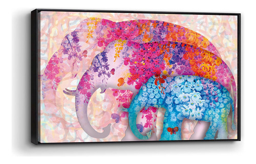 Cuadro Canvas Marco Flotado Elefante Flores 90x140cm