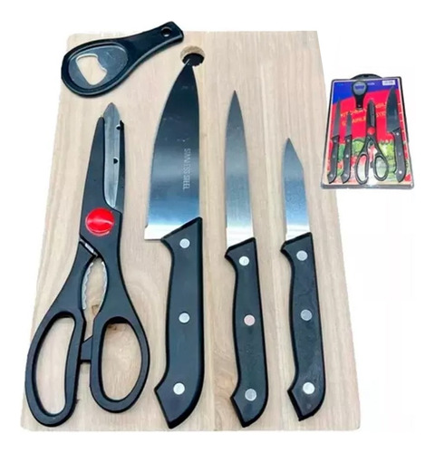 Set Asado Cocina Tabla Madera Picar Cortar Cuchillo Tijera S