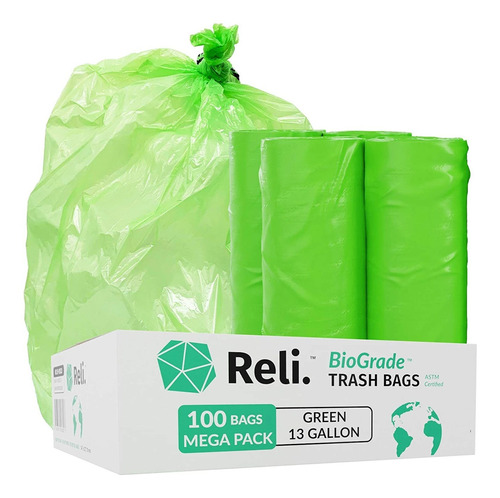 Bolsas De Basura Biodegradables Reli., 49 L, Verdes, 100 U