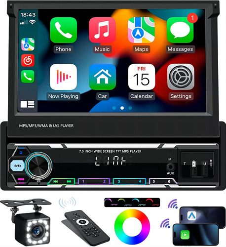 Auto Estereo Pantalla Retractil 1din Carplay Inalámbrico