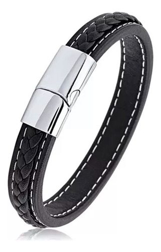 Pulsera Cuero Trenzado Hombre Brazalete Cierre Magnetico