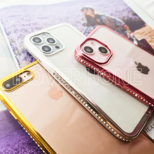 Funda Transparente Borde Metalizado Con Strass Para iPhone