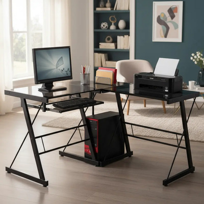 Elegante Escritorio En L Para Computadora Vidrio Negro Negro