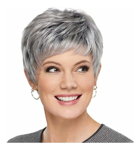 Peluca De Pelo Humano For Las Mujeres Pixie Corte Gris