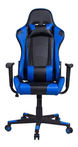 Cadeira De Escritório Pelegrin Pel-3012 Gamer Ergonômica  Preto E Azul Com Estofado De Couro Pu