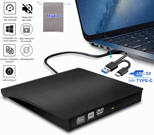 Grabador Quemador Externo Cd Lector Dvd Slim Con Usb Type C 