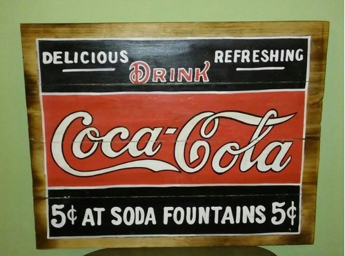 Cartel De Madera Artesanal Estilo Antiguo Coca Cola.