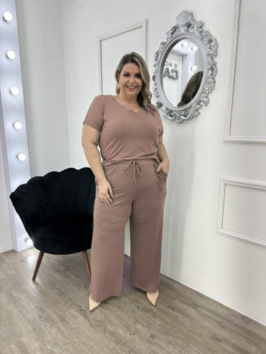 Conjunto Plus Size Calça Pantalona E Blusa Decote Confort 