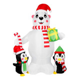 1 Inflable De Oso Polar Con Pingüinos Luz Led, Para Navidad