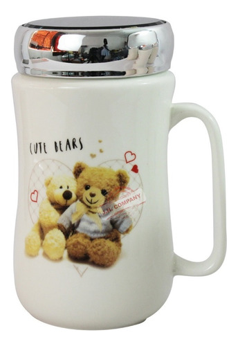 Taza Ceramica Con Tapa Hermetica Espejo Ositos 400 Ml 10593 Color Ositos Abrazo