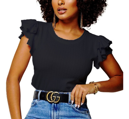 Blusa Feminina Canelada Camiseta 2 Babado Blusinha Bufante 