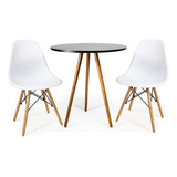 Mesa Redonda Tripé Retrô 70cm Mdf + 2 Cadeiras Eames Eiffel Cor Da Tampa Branco Cor Dos Pés Madeira