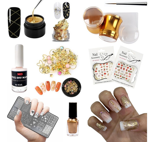 Kit Completo Stamping Art Nails Decoración Uñas Esmalte Oro