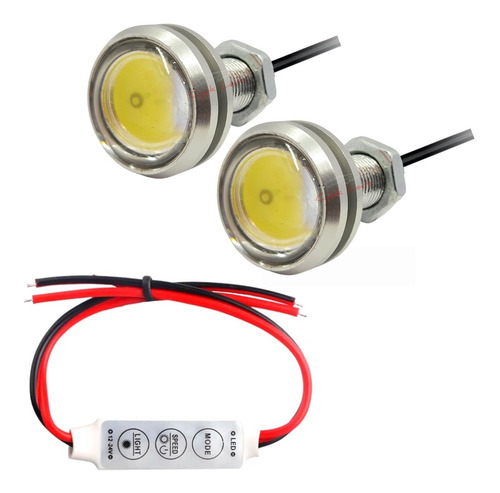 Par De Led Olho Águia 23mm Com Central Strobo Som Carro 12v