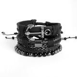 Kit 4 Pulseiras Masculinas Couro Preto Combo Ancora Black