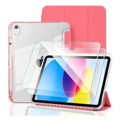 Funda para iPad A16 11 Pulgadas 2025 \u002F 10ª Gen 10.9 Pulgadas 2022, Carcasa Híbrida con Porta Pencil, Respaldo Transparente Anti-Amariamiento Rojo Sandía + 2 Protectoras de Cristal Templado | Meses sin interés