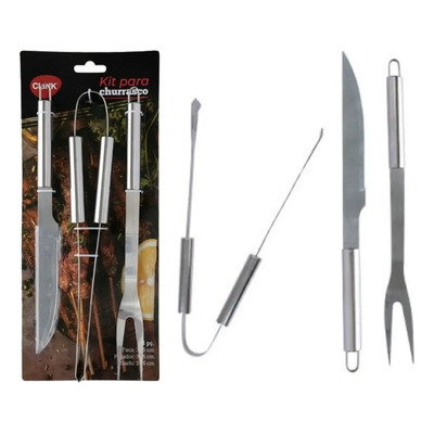 Kit Churrasqueiro Garfo Pinça Faca Cabo Longo Presente