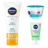 Kit Nivea: Protector Solar, Gel Hidratante Y Limpiador. 