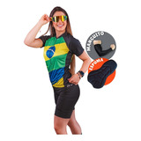 Conjunto Ciclismo Feminino Camisa Brasil Bermuda Espuma Uv50