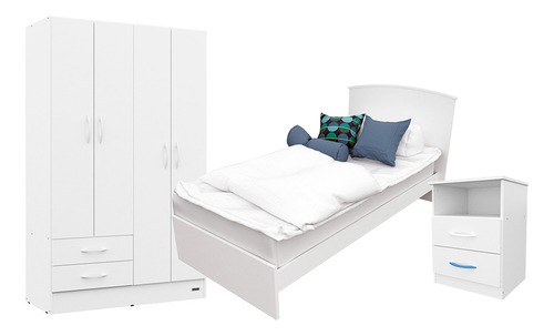 Combo Cama Fiona 1 Plaza + Mesa De Luz + Placard 4 Puertas