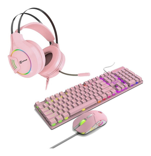 Combo Xinua Gamer Rosa Auricular Hs1 + Kit Teclado Mouse Km1