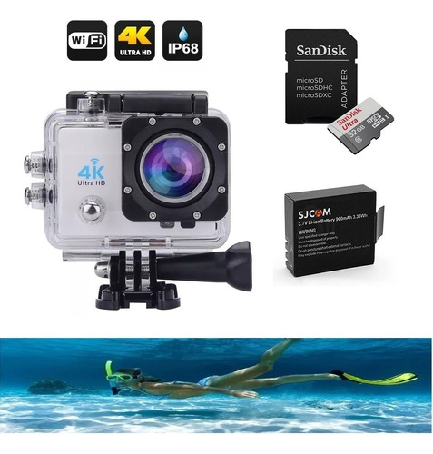 Câmera 4k Pro Full Hd Prova D'água Capacete Sd Bateria Extra Cor Prateado