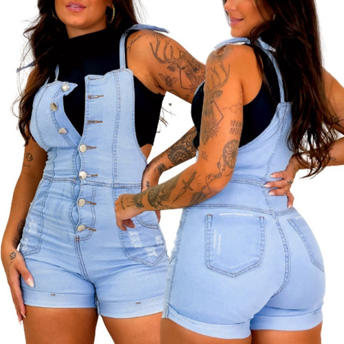 Jardineira Short Macacão Curto Jeans Botões Verão Promoção  