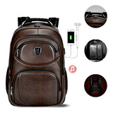 Mochila Couro Notebook Impermeável Resistente Saída Usb Fone Cor Marrom