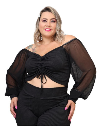 Cropped Manga Tule Bufante Moda Plus Size Feminina