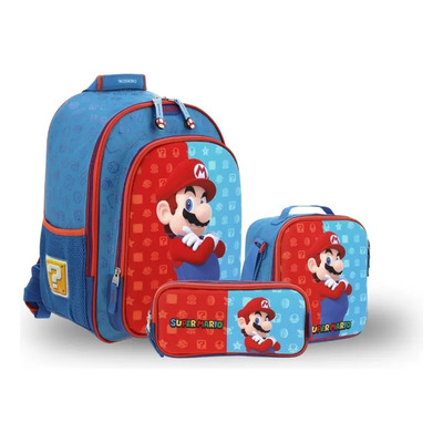Kit Chenson Mochila Modelo Mario Bros Dulp + Lapicera + Lonchera Escolar Azul Liso
