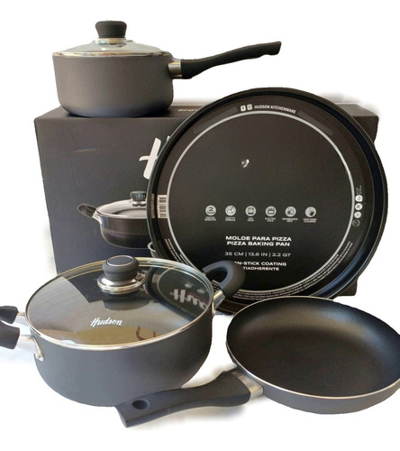 Batería Hudson Negro Juego De Cocina Set Ollas Teflón Doble 