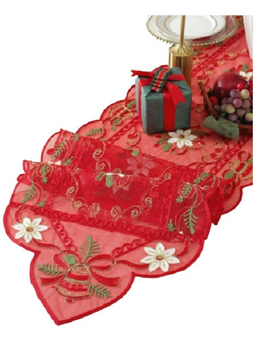 Mantel Camino De Mesa Navideño Rojo Malla Con Bordado 40x180