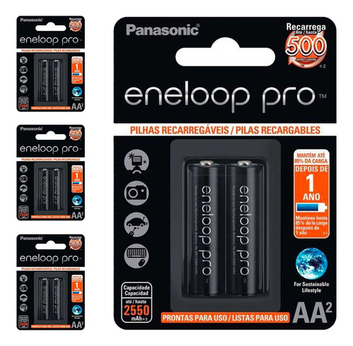 8 Pilhas Recarregaveis Eneloop Pro Aa Panasonic (4 Cart)