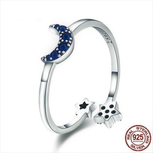 Anillo Ajustable Luna Y Estrellas Con Zirconia Plata Genuina