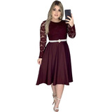 Vestido Evangélico Inverno Midi Godê Manga Longa Com Cinto