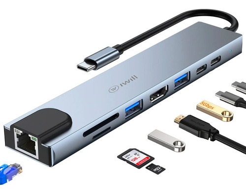 Adaptador Hub Macbook Air M1 M2 E Pro 8 Em 1 Usb-c Hdmi 4k