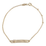 Pulseira Infantil Menina Placa Com Flor De Diamante Ouro 18k