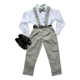 Conjunto Infantil Cinza Camisa Branca Suspensorio E Gravata
