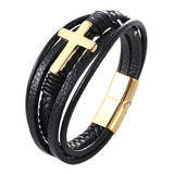 Pulsera Cruz Cuero Gold Dorado Hombre Moda 2020