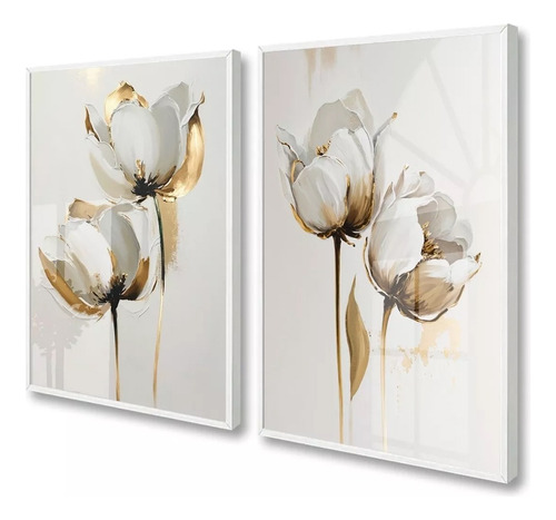 Quadro Decorativo Flores Brancas Dourado Pintura 50x70 Vidro