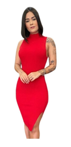 Vestido Feminino Midi Social Gola Alta Liso Justinho Verão