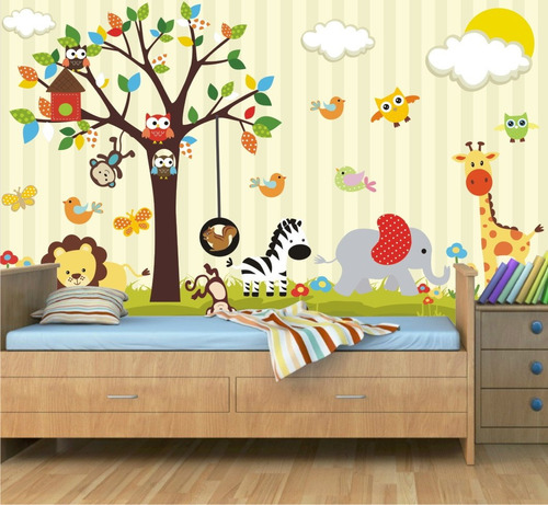 Adesivo Infantil Painel Zoo Animais Safari Papel De Parede Arvores Galhos Decoração Criança Espaço Kids Brinquedoteca 08 Cor Colorido