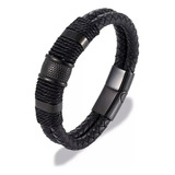 Pulseira Preta Masculina Couro Aço Bracelete Comprimento 19 Cm Diâmetro 0 Cm