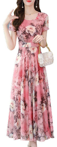 Vestido Largo De Manga Corta Con Estampado Floral De Verano