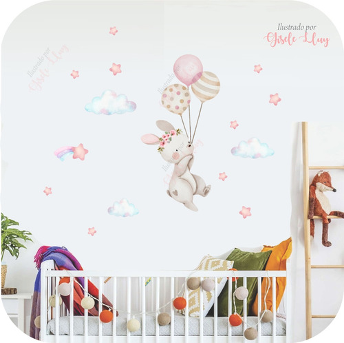 Vinilos Decoración Infantil Conejo Con Tres Globos Rosado