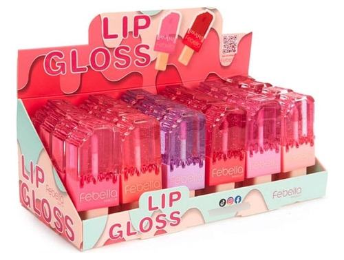 Box C/24 Un Lip Gloss Glitter Picolé Febella Atacado Revenda