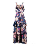 2 Piezas De Gasa Top Crop Top Floral Estampado Maxi Falda Vo