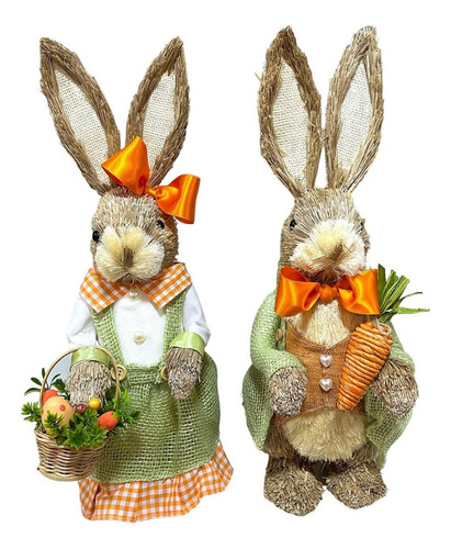 Casal Coelhos Da Páscoa Decoração Verde Palha Italiana 45cm