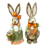 Casal Coelhos Da Páscoa Decoração Verde Palha Italiana 45cm