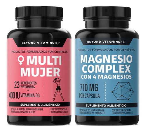 Kit - 1 Multivitaminico De Mujer Con 23 Ingredientes Y Vitamina D3 + 1 Magnesio Complex Con Citrato De Magnesio, Glicinato De Magnesio Y Gluconato De Magnesio - Sin Rellenos - Paquete